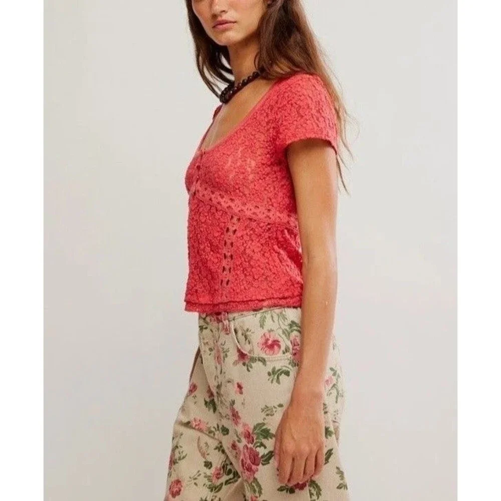 Free People Claro Lace Tee Women's Blouse Top Sheer Short Sleeve Trendy S 289938